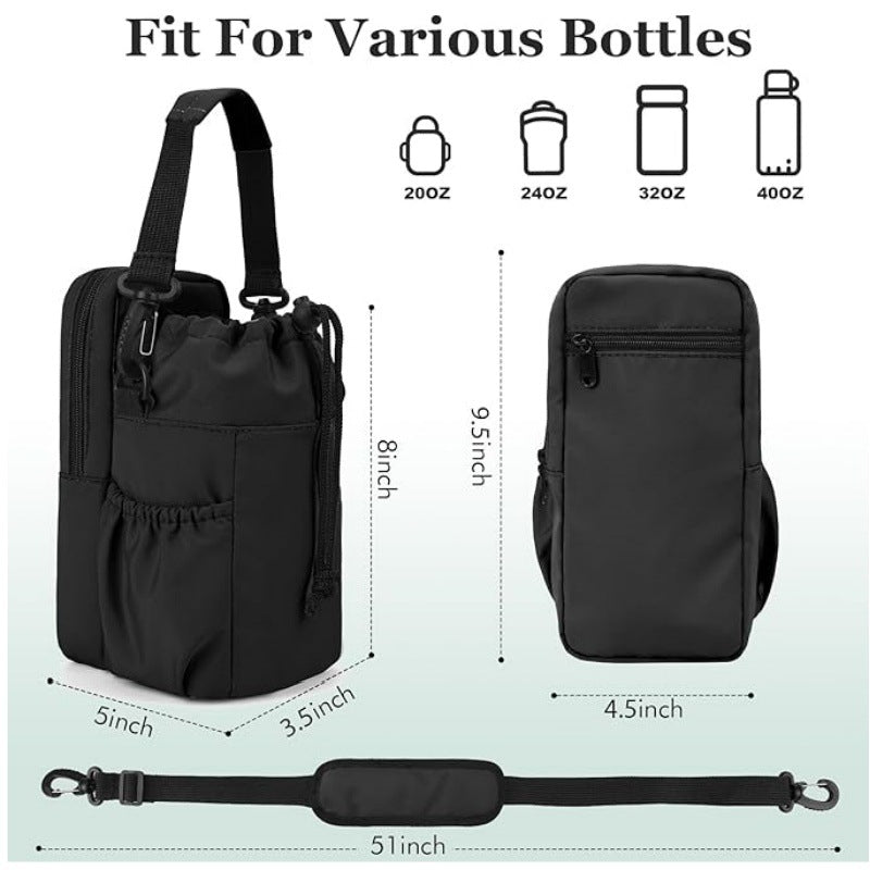 Black Portable Crossbody Water Bottle Holder with Multiple Pockets - Thermal Cooler Bag