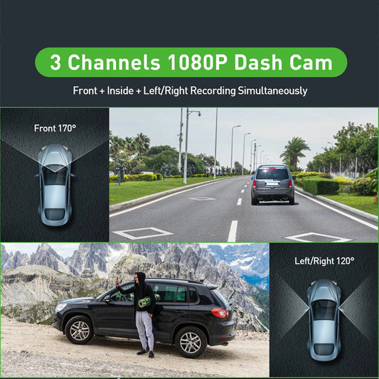 3-Inch HD 1080P Dash Cam - Front, Rear, and Left Recording, 19x12x8cm.