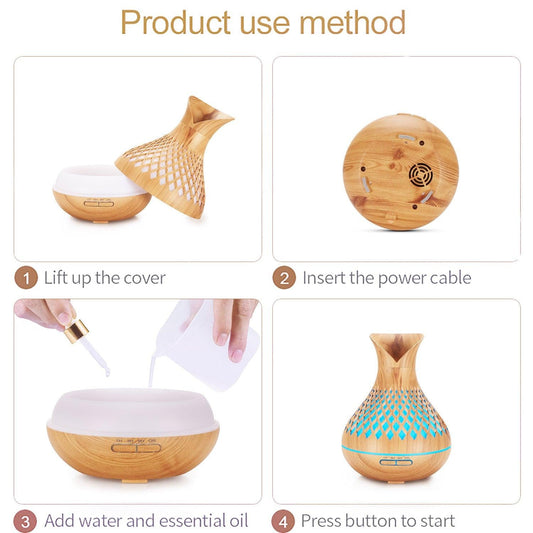 Wood Grain 500ml Wood-Grain Essential Oil Aroma Diffuser with Lattice Design and Humidifier.