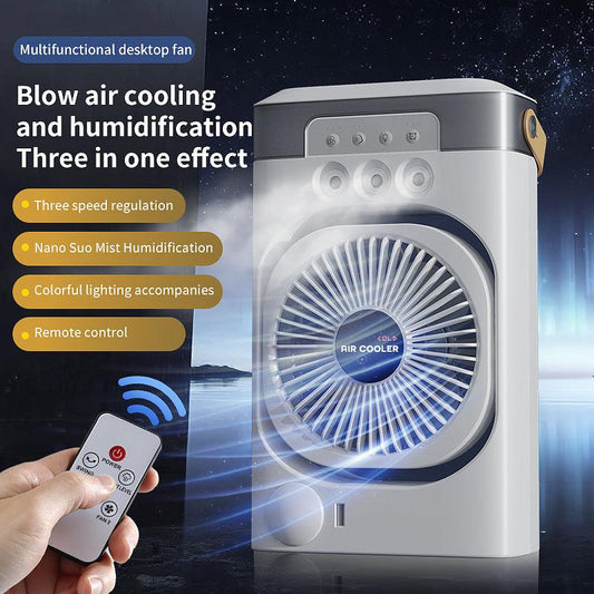 Black 3-in-1 Portable Air Cooler Fan - Desktop Humidifier & LED Light, Nano Mist.