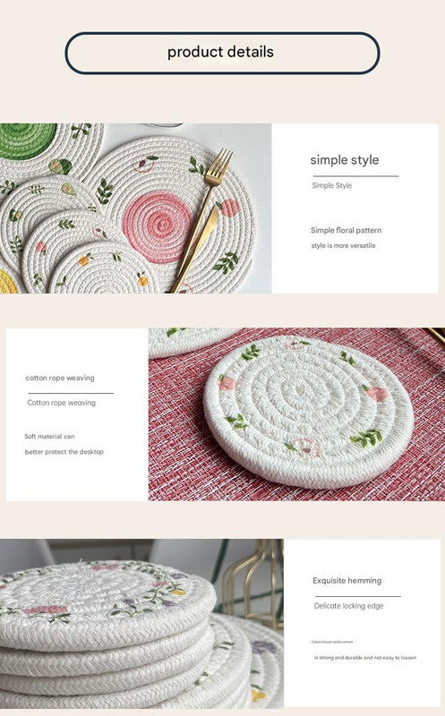 (Peach) Cotton Rope Woven Placemats - Set of 5, 18cm Diameter Heat Resistant Kitchen Decor