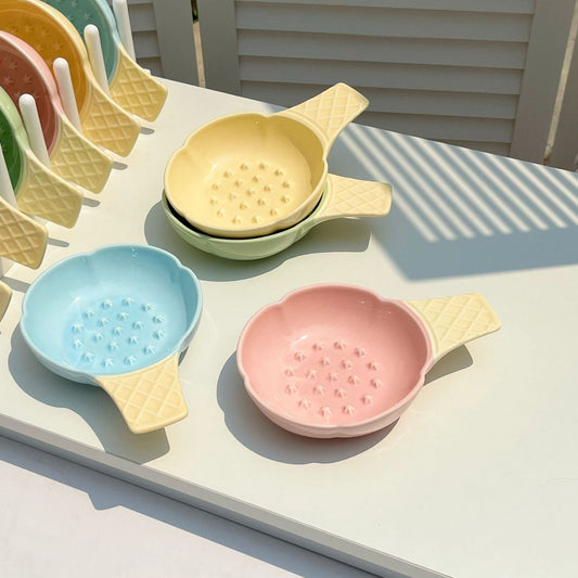 2 Pcs Blue and Yellow Adorable Ice Cream Cone Ceramic Slow Feeder Pet Bowl - Fun Anti-Gulp Design for Cats & Dogs