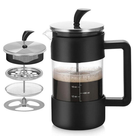 Black Classic 1000ml French Press Coffee & Tea Maker - Heat Resistant Borosilicate Glass, Stainless Steel Filter.