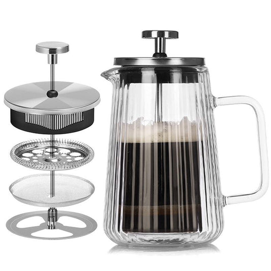 Transparent Elegant Ribbed Double Wall Glass French Press - 1000ml Heat Resistant Coffee and Tea Maker with Stainless Steel Filter.