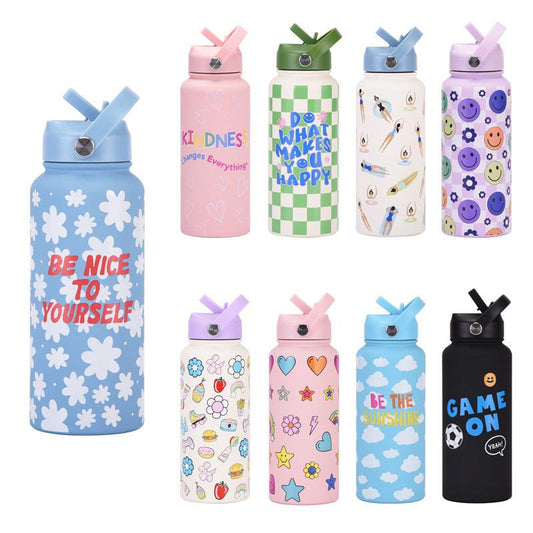 Style 23J Green and White Plaid Vibrant Fun Print 1L Stainless Steel Insulated Water Bottle - 32oz Large Capacity with Straw Lid & Carry Handle - BPA-Free.