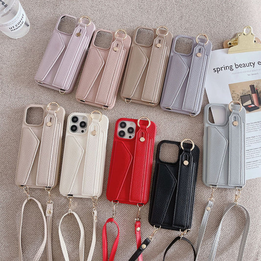 Black Chic PU Leather Crossbody Wallet Case for iPhone 16 - Card Holder with Detachable Strap & Finger Ring Grip
