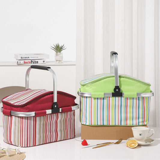 Green and Colored Stripes Large 27L Foldable Insulated Picnic Basket Cooler Bag - Lightweight Thermal Hamper with Aluminum Handles for Outdoor, Shopping & Camping.