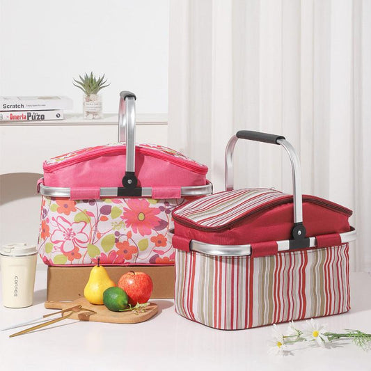 Pink and Floral Pattern Large 27L Foldable Insulated Picnic Basket Cooler Bag - Lightweight Thermal Hamper with Aluminum Handles for Outdoor, Shopping & Camping.