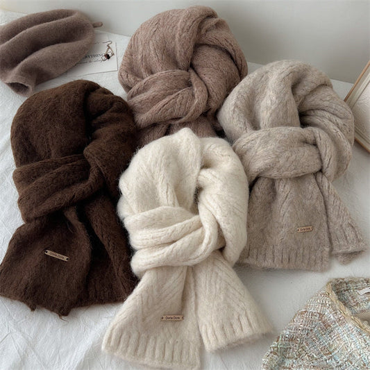 Light Grey Alpaca Wool Blend Solid Color Knitted Scarf for Women Winter New Style Student High Quality Couple Woolen Neck Warmer