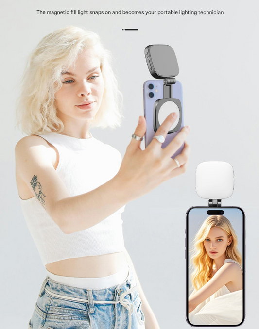 White Magnetic Foldable Selfie Light with Mirror - Rechargeable LED Fill Light for iPhone & Android Vlogging(Mobile phone is a shooting prop and is not included).