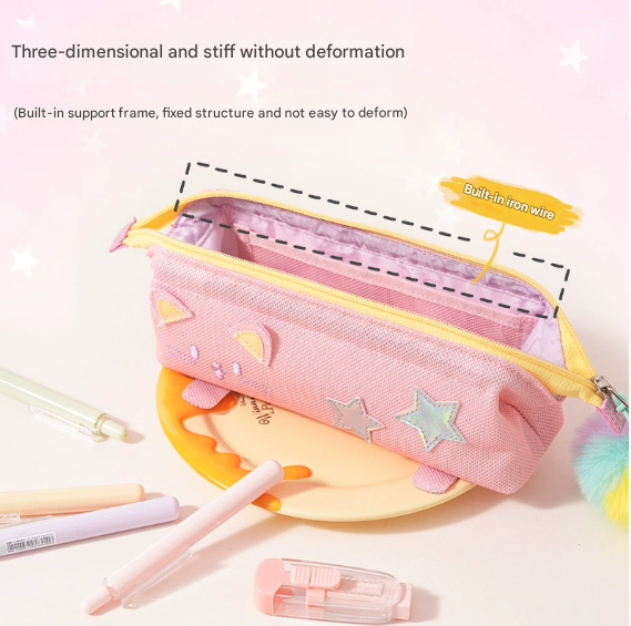Green Cute Cat Pencil Case for Girls - Large Capacity Sparkly Stationery Pouch with Fluffy Pom Pom.