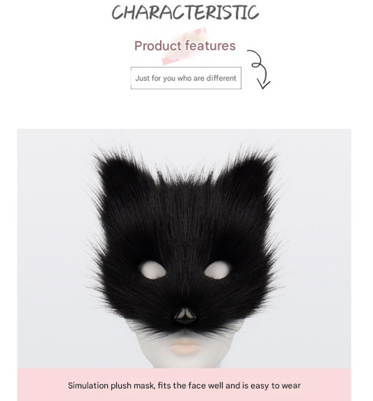 Black and white Halloween Furry Fox Costume Set - Plush Mask, Ears Headband, Tail, and Paws for Cosplay