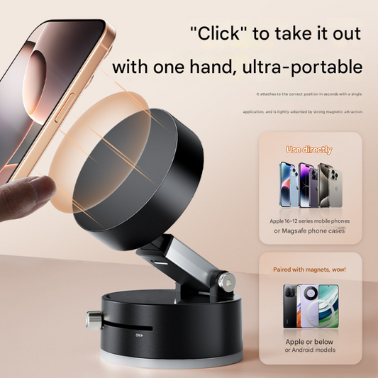 Black Multi-Functional Vacuum Suction Cup Stand - Foldable, Extendable Kitchen Lazy Person's Dual-Sided Magnetic Phone Holder.