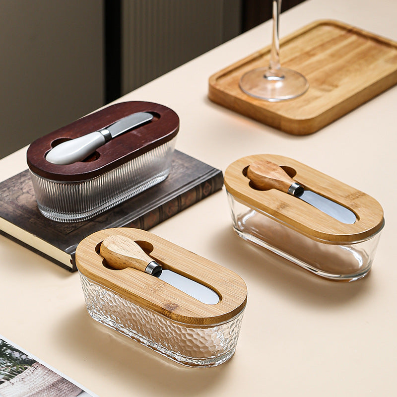 Natural wood color - stripes Elegant Glass Butter Dish with Wooden Lid & Matching Spreader - Sealed Butter Keeper for Freshness