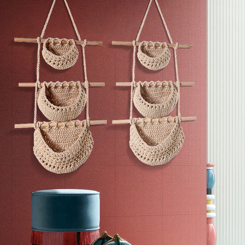 Three-layer cotton rope style Bohemian Hanging Fruit Basket – Wall-Mounted Woven Storage Net Pocket for Kitchen & Home Decor