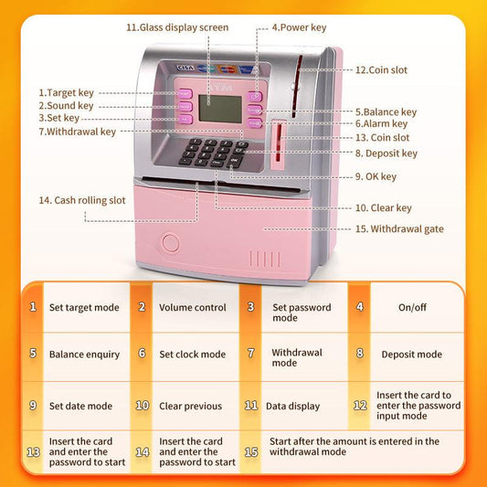 Black Digital ATM Savings Bank for Kids - Electronic Piggy Bank with PIN & Card for Real Money.