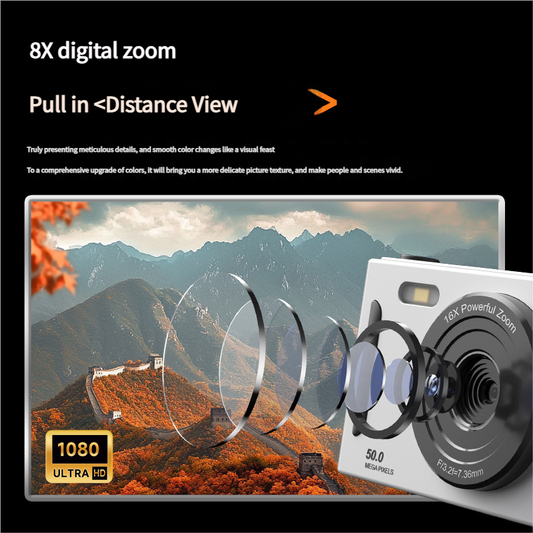 50MP HD Digital Camera with 8X Zoom & Dual Lens System(rose red).