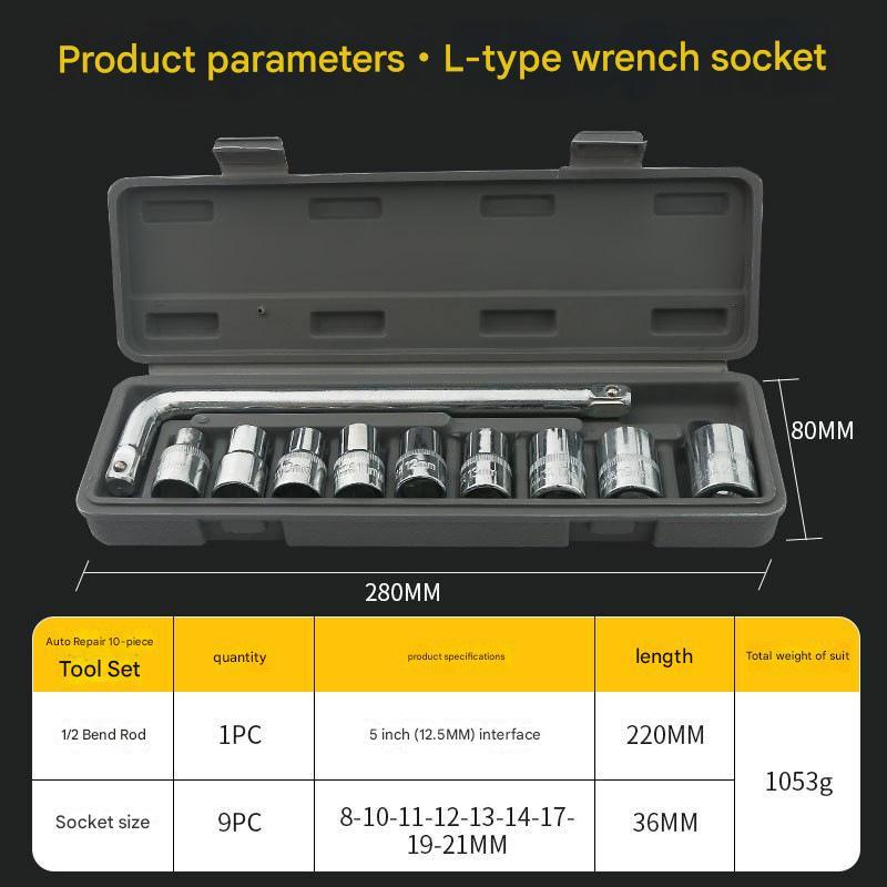 Two 10-piece L-shaped socket wrench sets - 1/2" drive chrome vanadium steel with metric sockets and housings(gray).