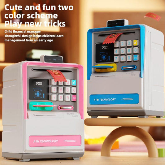 Kids Electronic ATM Piggy Bank with Simulated Facial Recognition & Password - Auto Roll-in Banknote & Coin Money Box for Financial Learning(pink).
