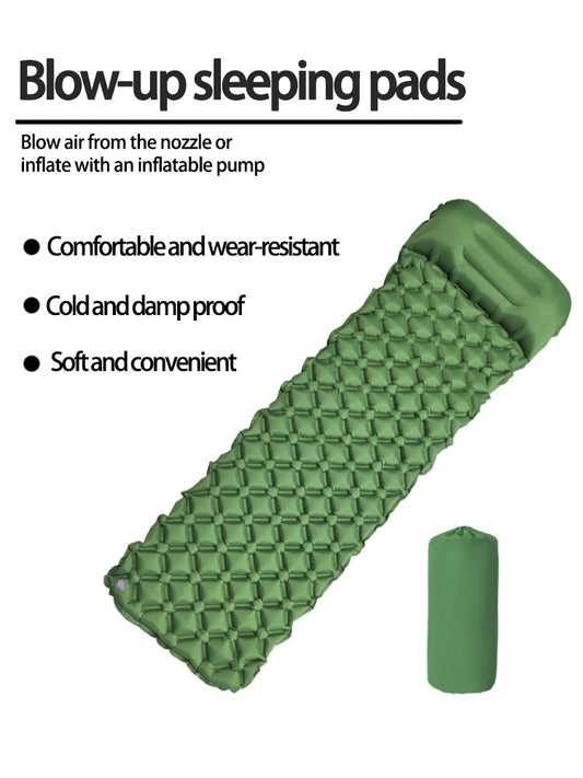 2pc Ultralight Inflatable Camping Sleeping Mat with Integrated Pillow - Waterproof 40D Nylon TPU(Army Green).