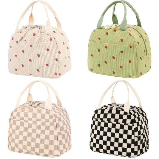 Green Strawberry Pattern Corduroy Lunch Bag - Insulated Thermal Cooler Tote for School Work and Picnics.