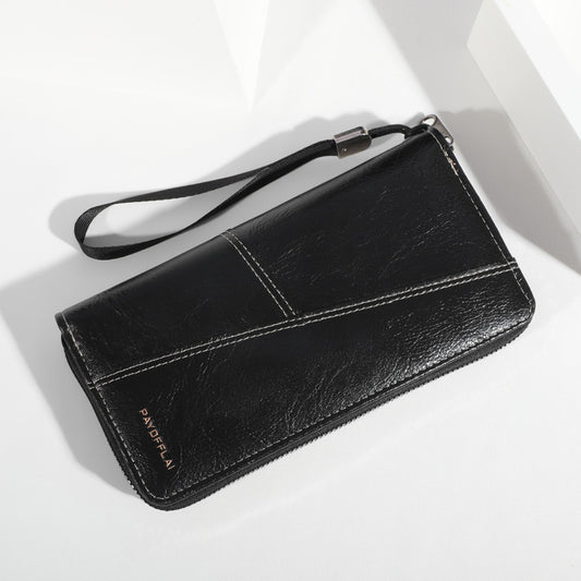 Black Men's Long Zipper Wallet Clutch - PU Leather Wristlet with Phone and Card Slots