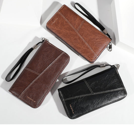 Coffee Men's Long Zipper Wallet Clutch - PU Leather Wristlet with Phone and Card Slots