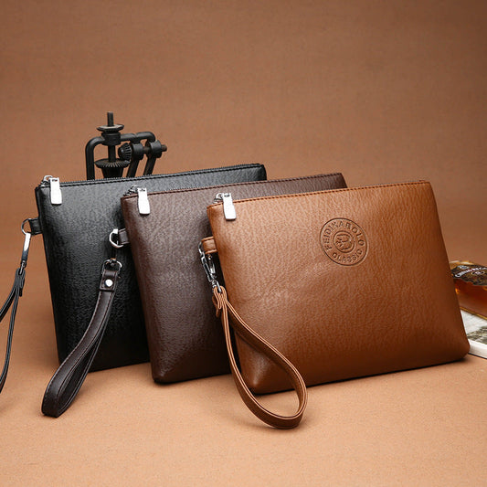 Black Classic Men's PU Leather Clutch Bag - Slim Business Wristlet & Travel Pouch
