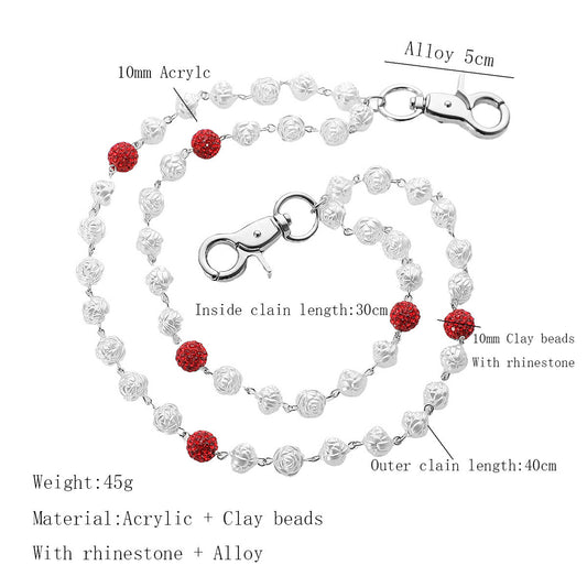 Red and White Bling Rhinestone Beaded Wallet Chain - Double Layer Hip Hop Trouser Chain Jean Accessory(45g)