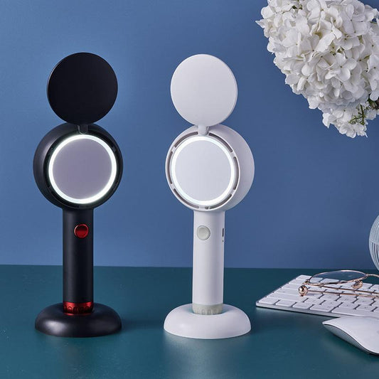 Black 2-in-1 Handheld Fan with LED Makeup Mirror - Portable USB Rechargeable Beauty Light Fan with Desktop Base - 3 Speed Quiet Airflow for Travel & Summer.