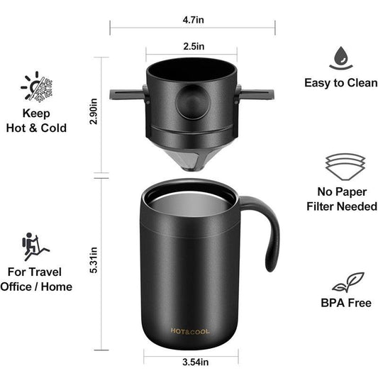 Black Portable Pour Over Coffee Maker Set Stainless Steel Insulated Travel Mug with Collapsible Reusable Dripper Filter for Camping Office and Home.