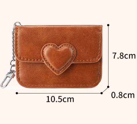 2PCS Coffee Women's Slim PU Leather Card Holder with Cute Heart Detail and Keychain Clip - Ultra Thin Portable Card Sleeve for Daily Use and Gifting.