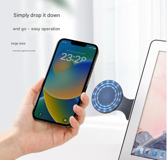 White Magnetic Laptop Phone Holder Side Mount Expansion Bracket Slim 6mm Foldable Stand with Metal Ring for Dual Screen Work Office Setup.