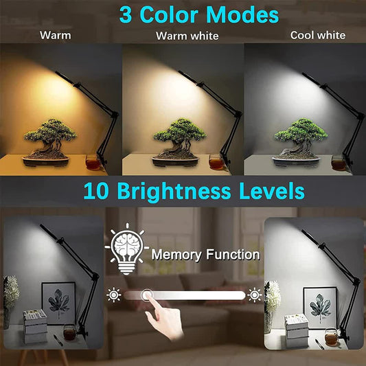 2-in-1 Black LED Magnifier Desk Lamp With Base and Clip - Hands-Free, Dimmable 3-Color Light for Crafts & Workbench