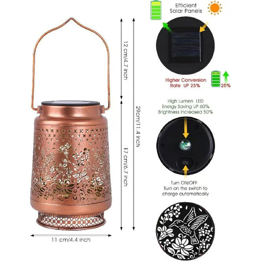 2-Pack Decorative Solar Hummingbird Lantern(11x11x17CM) - Waterproof Hanging Iron Art Outdoor Projection Light for Garden and Patio (Up to 12 Hrs Illumination)