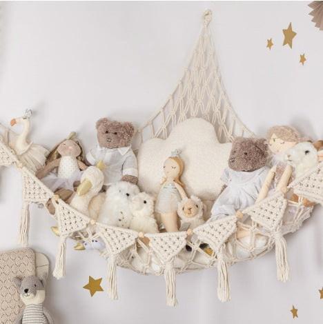 White Triangle Woven Plush Toy Corner Organizer (105x105x145cm) with octagonal beads and installation kit - Hand-woven cotton mesh toy storage hammock.