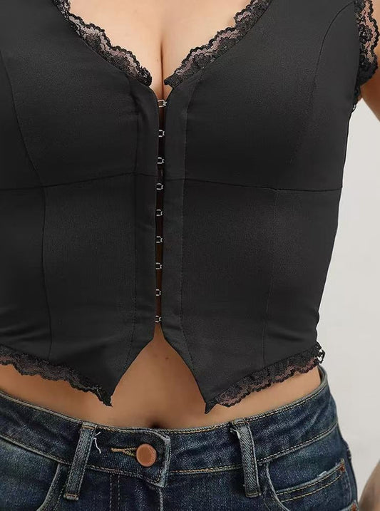 2-Pack Black French Vintage Lace Splice Camisole(M Size) - Slim Fit Halter Top with Back Detail and Button Placket