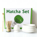 White Ceremony 4-Piece Matcha Ceramic Tool Set - Gift Box with Whisk (Chasen), Whisk Holder (Chasen Kuse-Naoshi), Bowl, and Scoop.