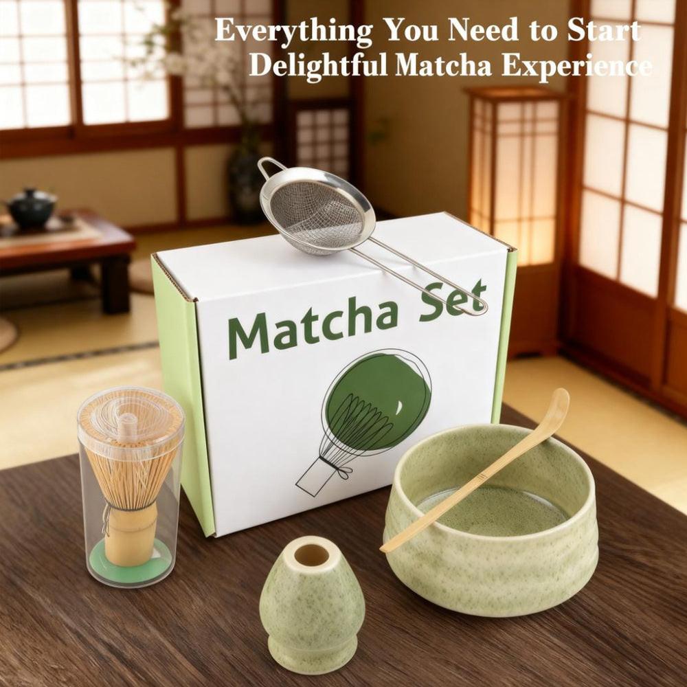 White Ceremony 4-Piece Matcha Ceramic Tool Set - Gift Box with Whisk (Chasen), Whisk Holder (Chasen Kuse-Naoshi), Bowl, and Scoop.