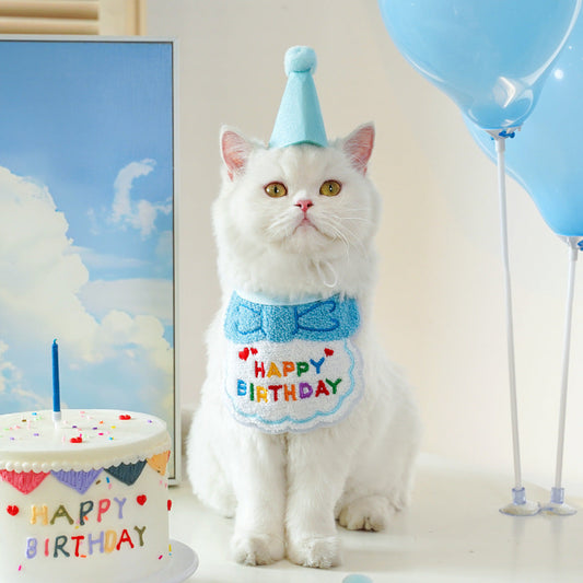 4-Pack Adorable Pet Dog Cat Birthday Party Hat & Bib Set(Pink & Light Blue) - Embroidered Bandana Bib & Felt Party Hat, Adjustable Tie-On Dress-Up Accessories