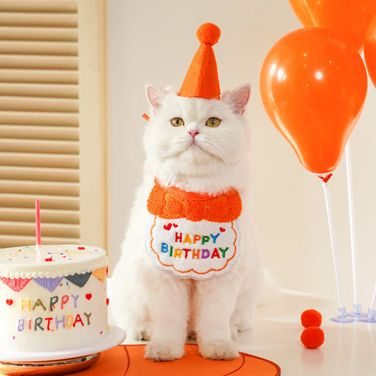 4-Pack Adorable Pet Dog Cat Birthday Party Hat & Bib Set(Yellow & Orange) - Embroidered Bandana Bib & Felt Party Hat, Adjustable Tie-On Dress-Up Accessories