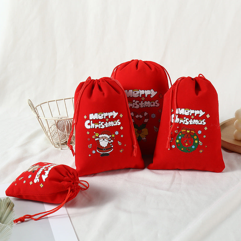 2-Pack Luxury Red Velvet Christmas Elk Gift Bag(13x18CM) - Festive Drawstring Storage Bag for Candy, Gifts & Apple Packaging