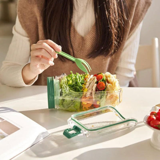2-Pack(Green&Orange) Portable All-in-One Side-Opening Salad Container Jar with Fork(10.5x19CM) - Plastic Layered Meal Storage Cup for Kitchen & On-the-Go