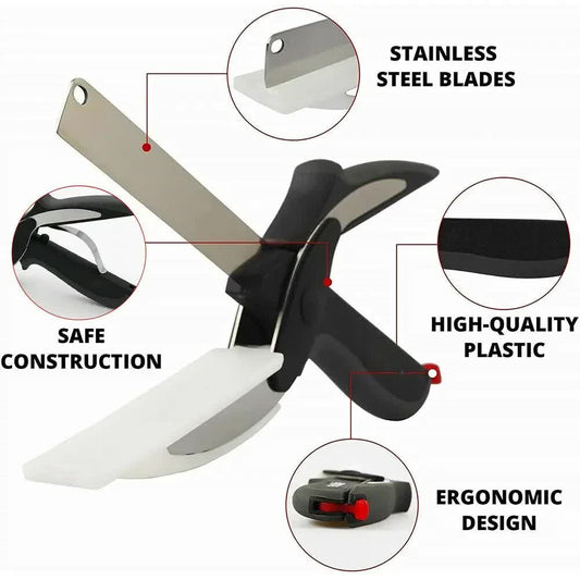 2-in-1 Ingenious Cutter Food Chopper & Scissor for Kitchen Versatile Use - 420 Stainless Steel Blade & Cutting Board Base, with Safety Lock