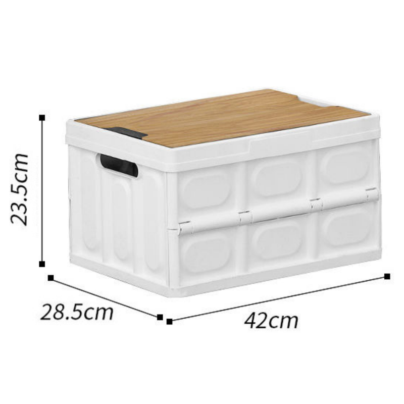 White Collapsible Medium Side-Open Storage Box with Wooden Table Top(42x28x23CM) - Car Trunk Organiser for Australian Camping & Home Use