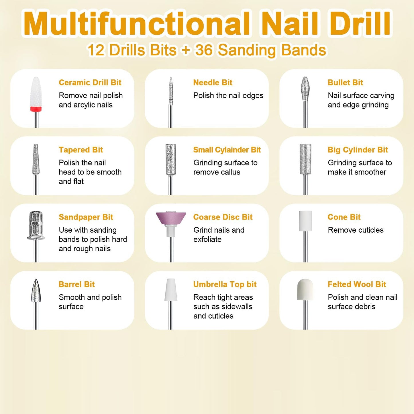 White Cordless Electric Nail Drill Kit - Portable Manicure Pedicure Polisher with 12 Bits