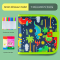 Green dinosaur Portable Reusable Drawing Board for Kids - erasable Doodle Book with Water Chalk Pens - Toddler Travel Activity Toy.