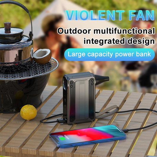 Black Multifunctional Turbo Fan - Portable High-Speed Dust Blower with LED Light & Emergency Power Bank for Outdoor & Home Use.