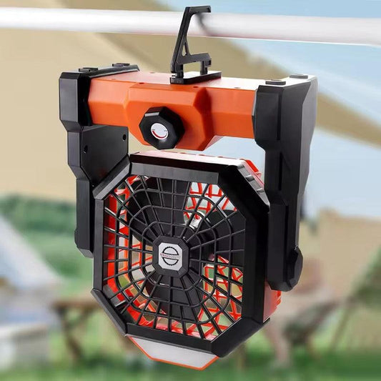 Black and orange Portable Outdoor Camping Fan with LED Light - Rechargeable USB Tent Fan for Australia.