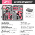 Pink 42 Piece Home Tool Set with 4V Cordless Electric Screwdriver Kit for DIY Repairs and General Household Maintenance Portable Storage Case.